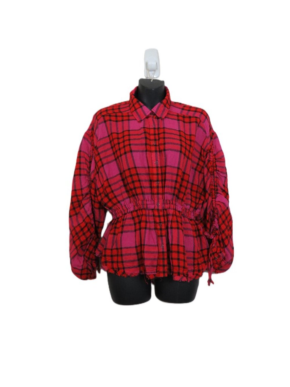 Free People size XS Pacific Dawn Plaid Shirt Cinch Waist Pink Ruched Sleeve